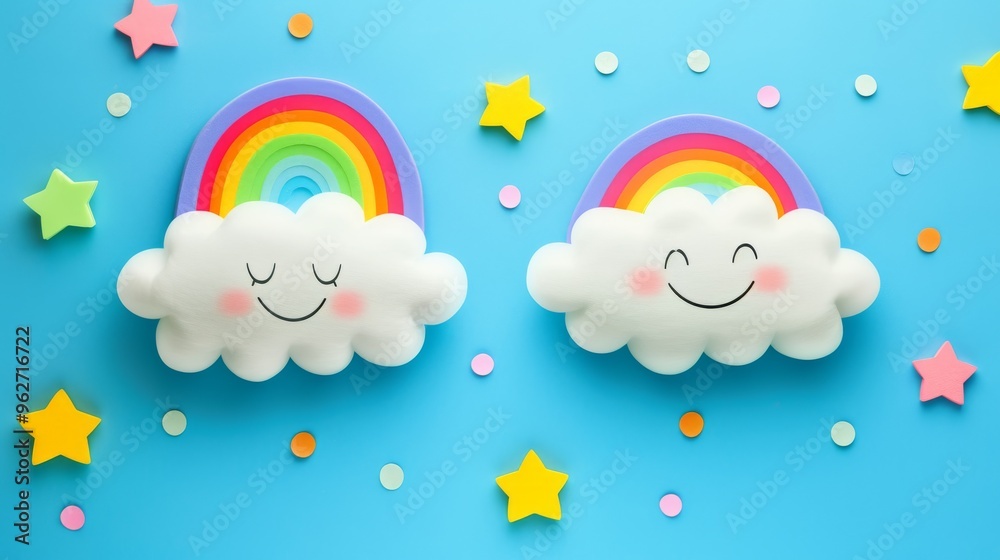 Adorable illustration of two clouds with rainbows and smiling faces on a blue background, surrounded by colorful stars and dots, creating a cheerful and whimsical scene. Adorable illustration of two clouds with rainbows and smiling faces on a blue background, surrounded by colorful stars and dots, creating a cheerful and whimsical scene.