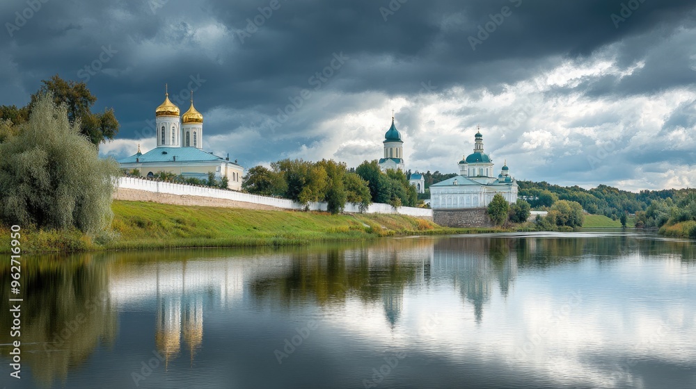 Golden Ring's Sergiev Posad, quiet monastery complex under a cloudy sky, no people Golden Ring's Sergiev Posad, quiet monastery complex under a cloudy sky, no people