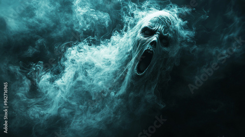 A ghostly figure screams from within a swirling cloud of smoke.