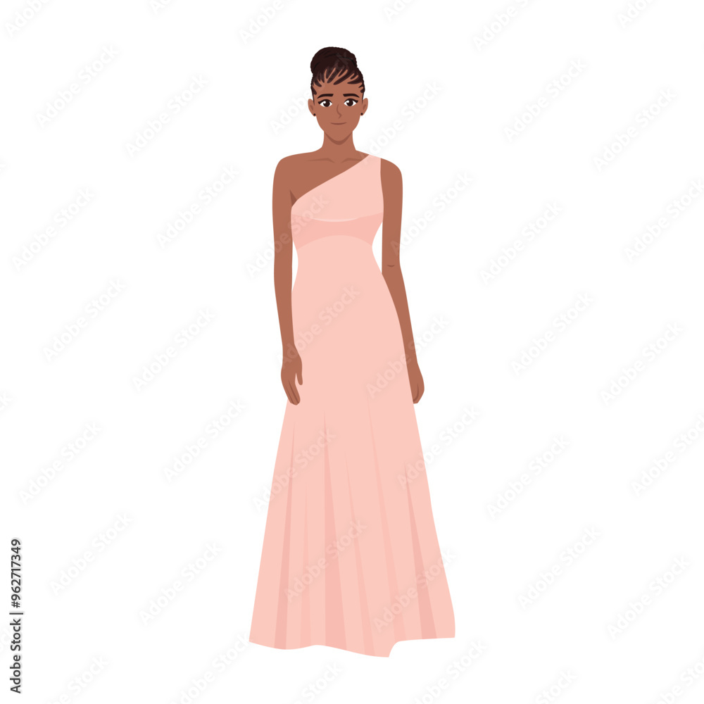 Fototapeta premium Beautiful Woman in fashion long pink dress. Flat vector Character illustration