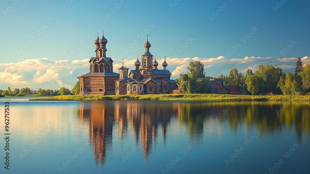 Kizhi Island's wooden churches, tranquil scene with no visitors, just the historic buildings. Kizhi Island's wooden churches, tranquil scene with no visitors, just the historic buildings.