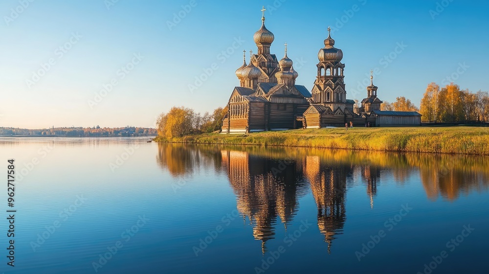 Fototapeta premium Kizhi Island's wooden churches, tranquil scene with no visitors, just the historic buildings.