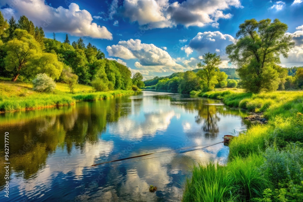 Panoramic Landscape Of A Serene River With Lush Greenery Alongside, Perfect For Fishing And Recreation. Panoramic Landscape Of A Serene River With Lush Greenery Alongside, Perfect For Fishing And Recreation.
