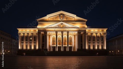 Moscow's Bolshoi Theatre, grand facade illuminated at night with empty surroundings