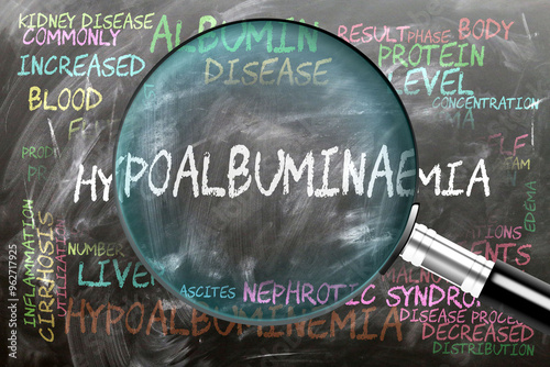 Hypoalbuminaemia being studied, examined - under close inspection. Most important subjects and ideas closely related to hypoalbuminaemia. ,3d illustration photo