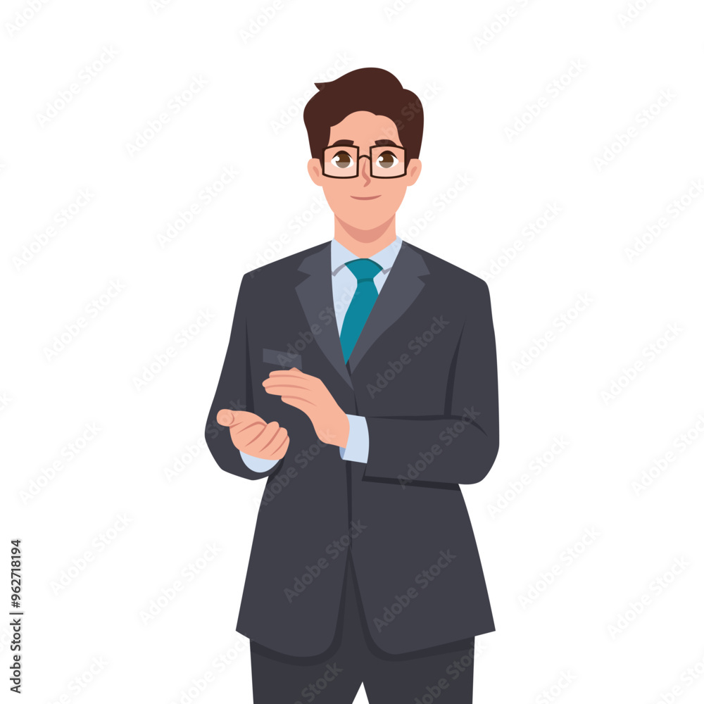 Young businessman claps his hands. Gesture of admiration. Flat vector Character illustration Young businessman claps his hands. Gesture of admiration. Flat vector Character illustration