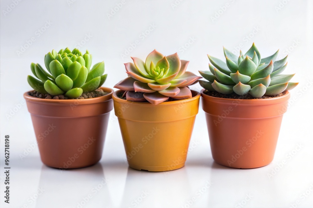 Three succulents in pots on white background, arranged symmetrically Three succulents in pots on white background, arranged symmetrically