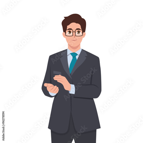 Young businessman claps his hands. Gesture of admiration. Flat vector Character illustration