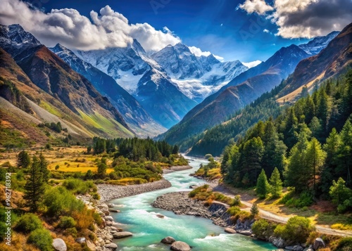 Panoramic View Of A Serene Valley Nestled Amidst Snow-Capped Mountains, Believed To Be The Mythical Origin Of The Sacred Ganga River. photo