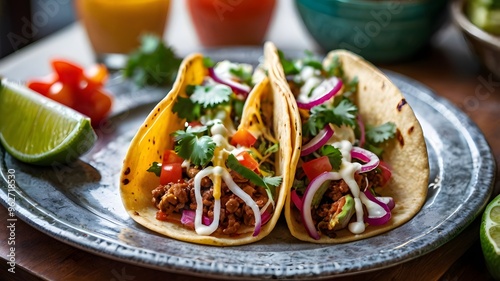 delicious taco with chopped beef meat, cilantro & tomato in corn tortilla, crunchy tacos de suadero food meal on black background, authentic mexican cuisine recipe