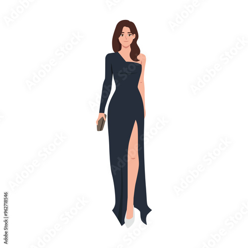 Woman with slim body shape in evening long dress attire. Flat vector Character illustration