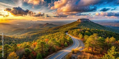 Panoramic View Of Cheaha Mountain, Alabama'S Highest Peak, With Layers Of Distant Mountains In The Background And A Winding Road Leading Up To The Summit. photo