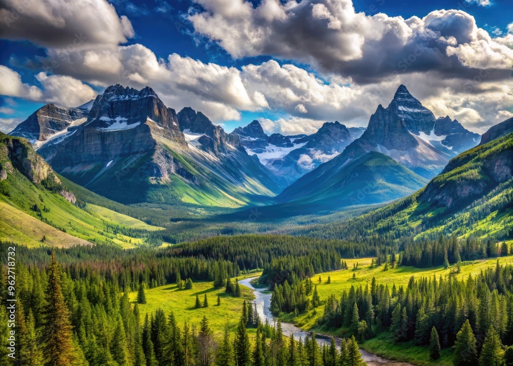 Panoramic View Of Majestic Mountain Peaks And Lush Valleys Under A Vast Blue Sky In Montana Panoramic View Of Majestic Mountain Peaks And Lush Valleys Under A Vast Blue Sky In Montana