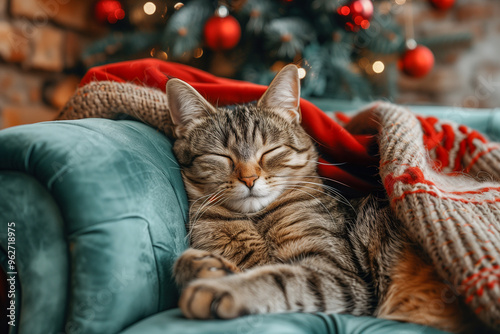 The cat fell asleep in an armchair, covered with a blanket. There is a Christmas tree in the background.