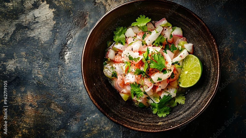 Fresh Seafood Ceviche with Cilantro Lime and Onion in a Brown Bowl Fresh Seafood Ceviche with Cilantro Lime and Onion in a Brown Bowl