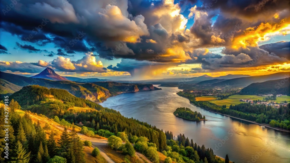 Panoramic View Of The Columbia River Gorge From Hood River, Oregon, With A Dramatic Sky And Mountains In The Distance. Panoramic View Of The Columbia River Gorge From Hood River, Oregon, With A Dramatic Sky And Mountains In The Distance.
