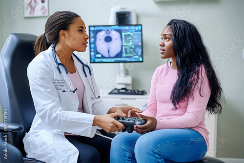 A female doctor is talking to her patient during a consultation, sitting across from one another in a medical office.