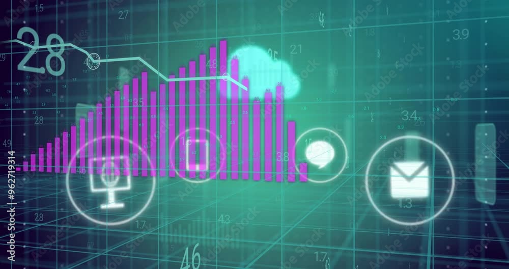 Bar chart and cloud computing icons animation over digital grid background Bar chart and cloud computing icons animation over digital grid background