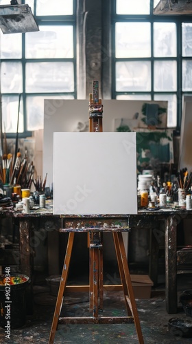 Blank canvas on an easel in an artist's studio.