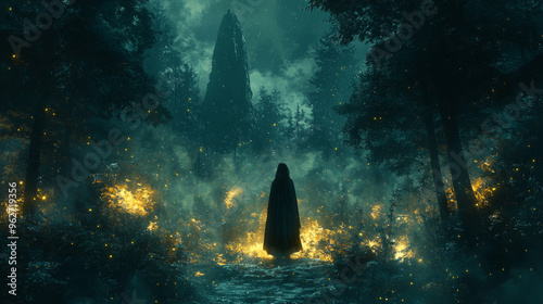 A cloaked figure stands in a mystical forest, glowing orbs illuminating the path.