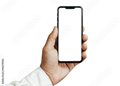 man hand holding empty display mobile phone mockup png