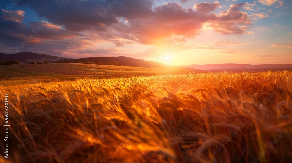 Obraz premium A field of golden wheat with a bright orange sun in the sky
