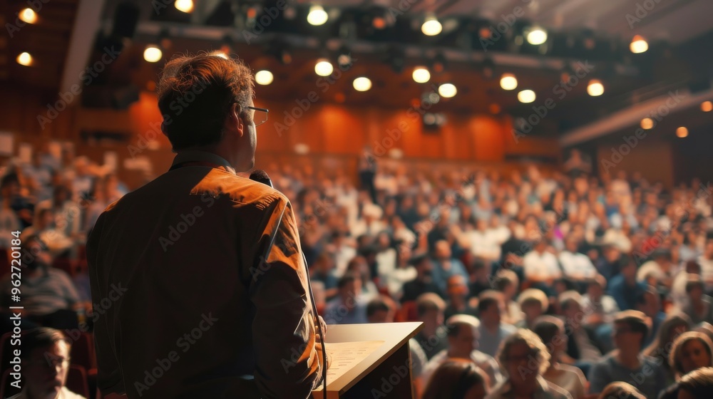 A man stands at a podium in front of a large crowd A man stands at a podium in front of a large crowd