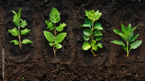 Four different types of green plants are growing in the dirt