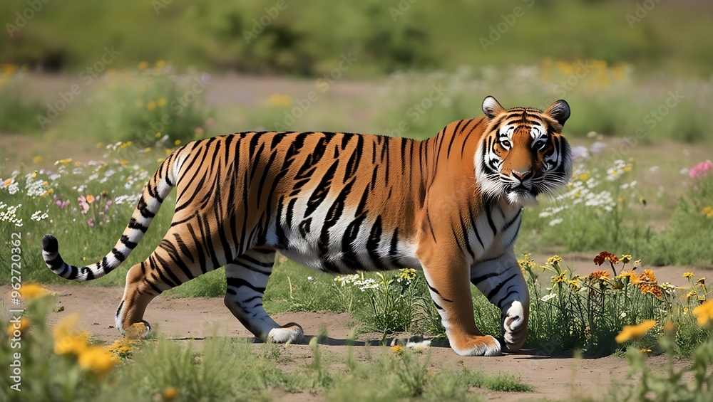 Naklejka premium This captivating photograph presents a striking image of a tiger striding confidently through a vibrant field of wildflowers.