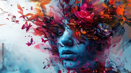 A surreal blend of a woman's face with vibrant flowers and butterflies, symbolizing beauty and nature's harmony. photo