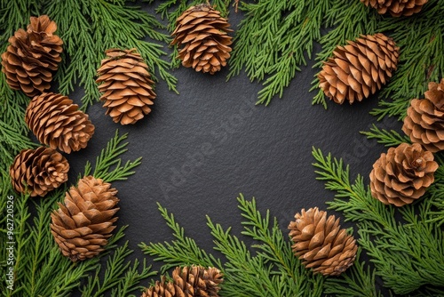 overhead view on spuce and thuja branches with cones, Christmas background with generative ai