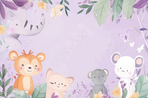 Playful Baby Shower Invitation with Animal Illustrations and Pastel Accents on Iris Purple Background and Whimsical Design