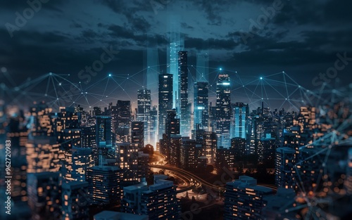 Wallpaper Mural A 3D render of a futuristic cityscape at night. The city is lit up with blue and orange lights, creating a glowing effect. The buildings are
tall and modern, Torontodigital.ca