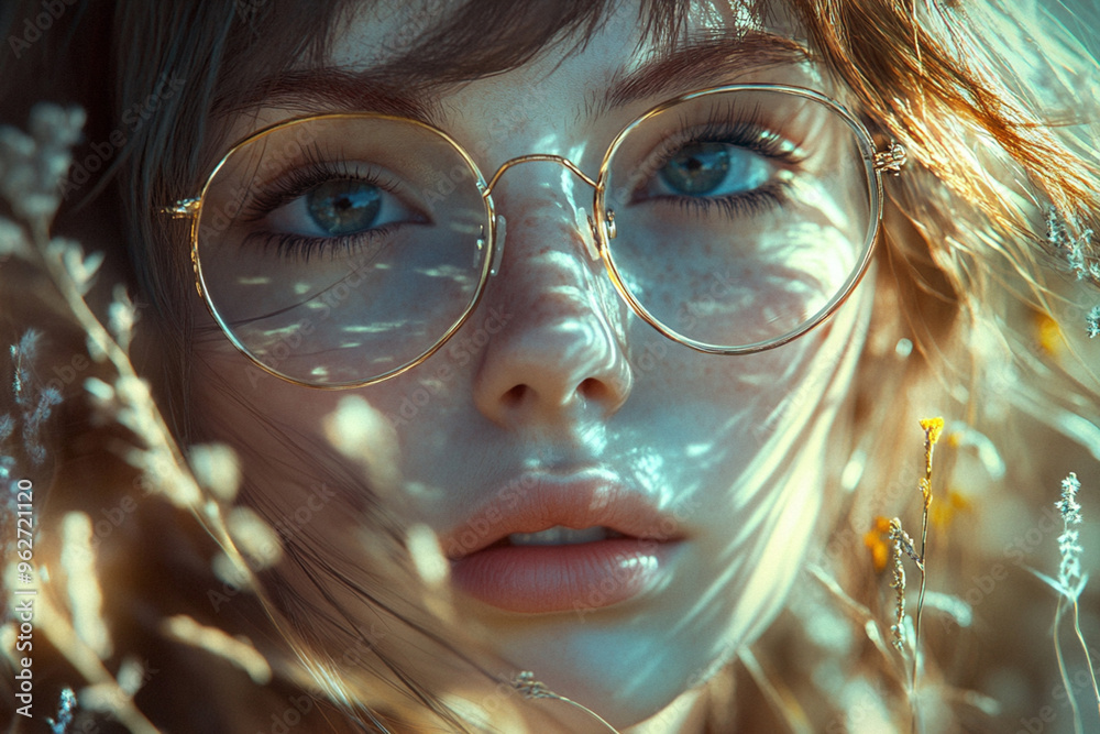 Young girl with freckles on her face wearing glasses in thin gilded frames Young girl with freckles on her face wearing glasses in thin gilded frames