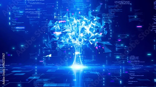 A glowing tree symbolizing artificial intelligence or the growth of digital technology data, with binary code and abstract algorithms on a dark blue background.
