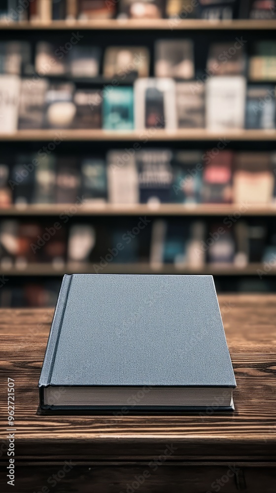 A closed book on a wooden table in front of a bookshelf with blurred books. A closed book on a wooden table in front of a bookshelf with blurred books.