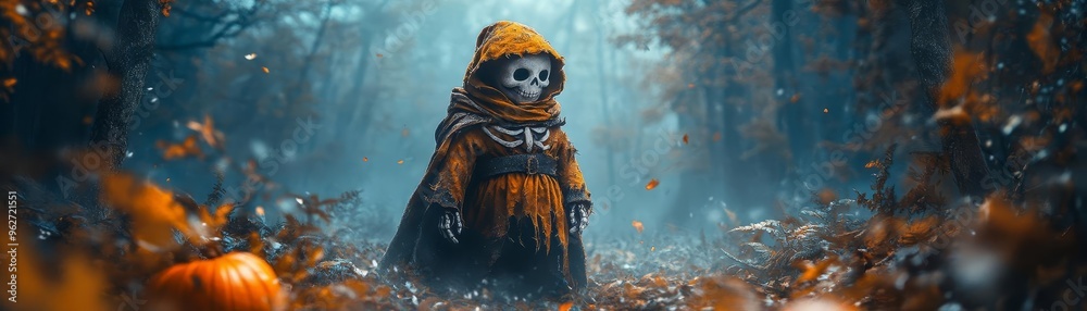 A gnome dressed as a skeleton, standing in a foggy graveyard filled with pumpkins and dry leaves, perfect for Halloween promotional use A gnome dressed as a skeleton, standing in a foggy graveyard filled with pumpkins and dry leaves, perfect for Halloween promotional use