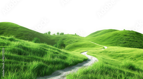 green grassland farm landscape with roadway on transparent background