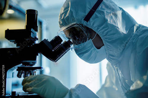 Scientist Studying Ebola Virus Samples Under Microscope in a High-Security Laboratory for Disease Research and Analysis photo