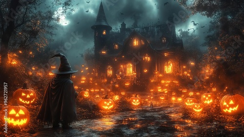 A gnome wearing a vampire cape, standing in front of a haunted house with glowing pumpkins scattered around, ideal for Halloweenthemed advertisements photo