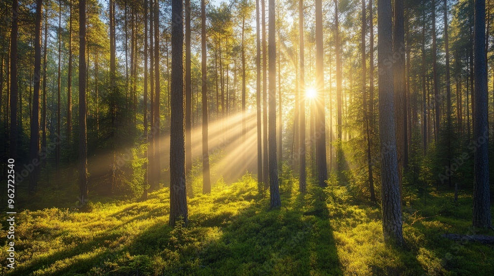 Fototapeta premium Bright rays illuminating a forest