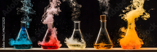 Colorful chemical reactions in glass beakers photo