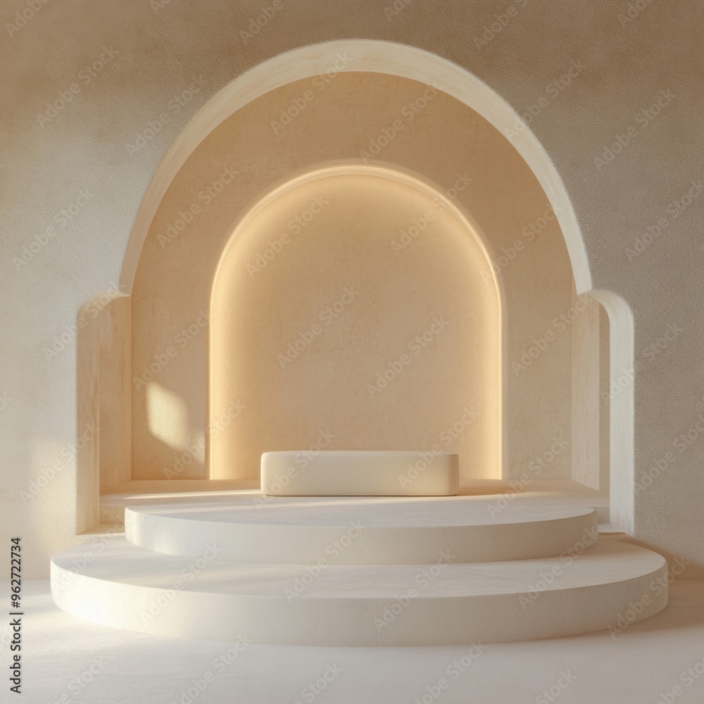Minimalist White Podium in Archway: A clean and modern white podium with two steps, illuminated by soft light emanating from the arched opening. The minimal design creates a sophisticated backdrop for Minimalist White Podium in Archway: A clean and modern white podium with two steps, illuminated by soft light emanating from the arched opening. The minimal design creates a sophisticated backdrop for