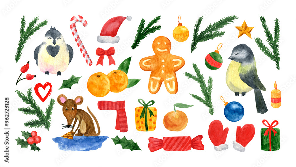 Fototapeta premium Watercolor New Year set with mouse, birds, gingerbread, clothes tangerines, sweets, Christmas tree