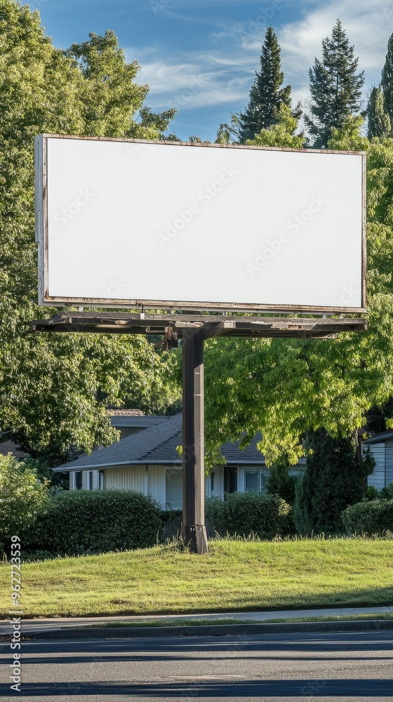 Fototapeta premium Blank billboard with a clear blue sky and lush green trees in the background.