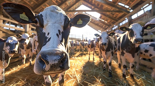 A close-up of cows in a barn, showcasing their features and the rustic environment. photo