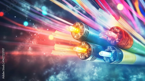 colored electric cables and led. optical fiber, intense colors, background for technology