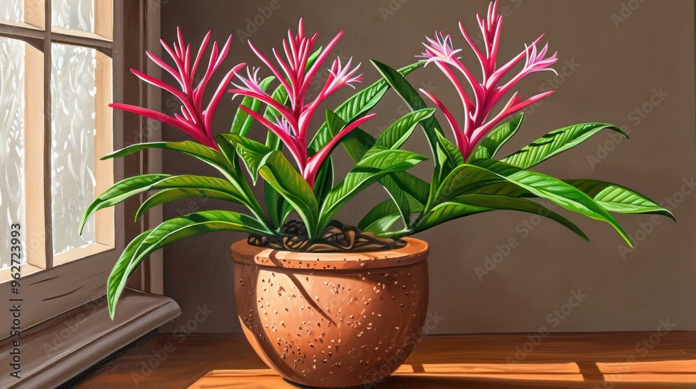 A vibrant potted plant with pink flowers and lush green leaves, enhancing indoor decor. A vibrant potted plant with pink flowers and lush green leaves, enhancing indoor decor.