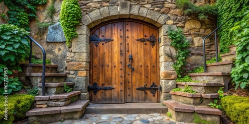 Rustic Wooden Or Wrought Iron Cellar Door With Decorative Handles And Unique Latch System, Nestled Amidst Stone Steps And Vegetation photo