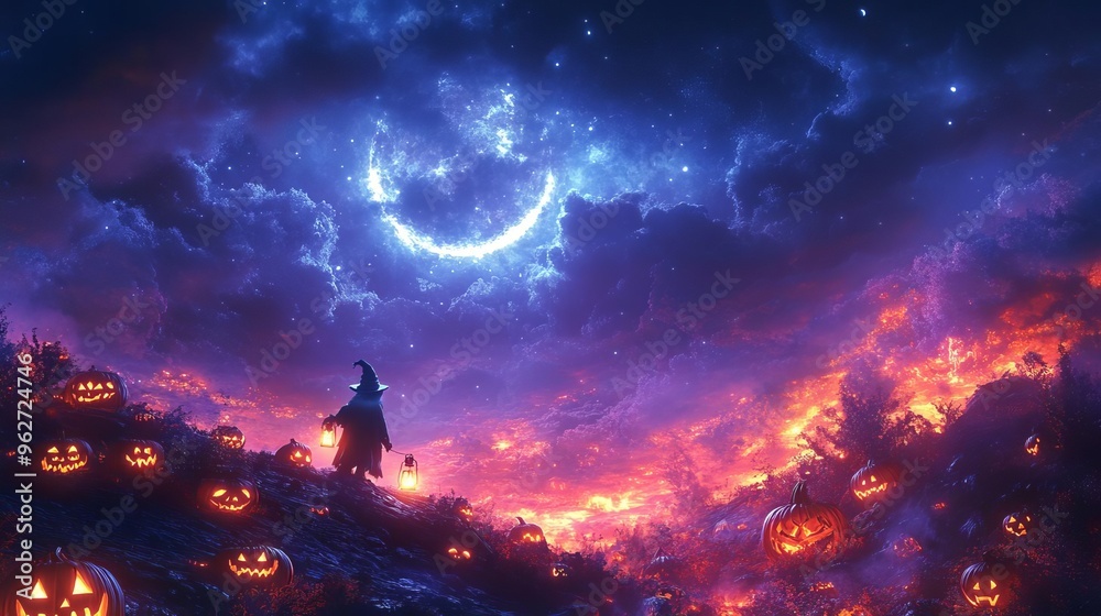 A spooky gnome with a glowing lantern, standing on a hilltop surrounded by jackolanterns and eerie mist, with a crescent moon in the background, ideal for Halloween advertisements A spooky gnome with a glowing lantern, standing on a hilltop surrounded by jackolanterns and eerie mist, with a crescent moon in the background, ideal for Halloween advertisements